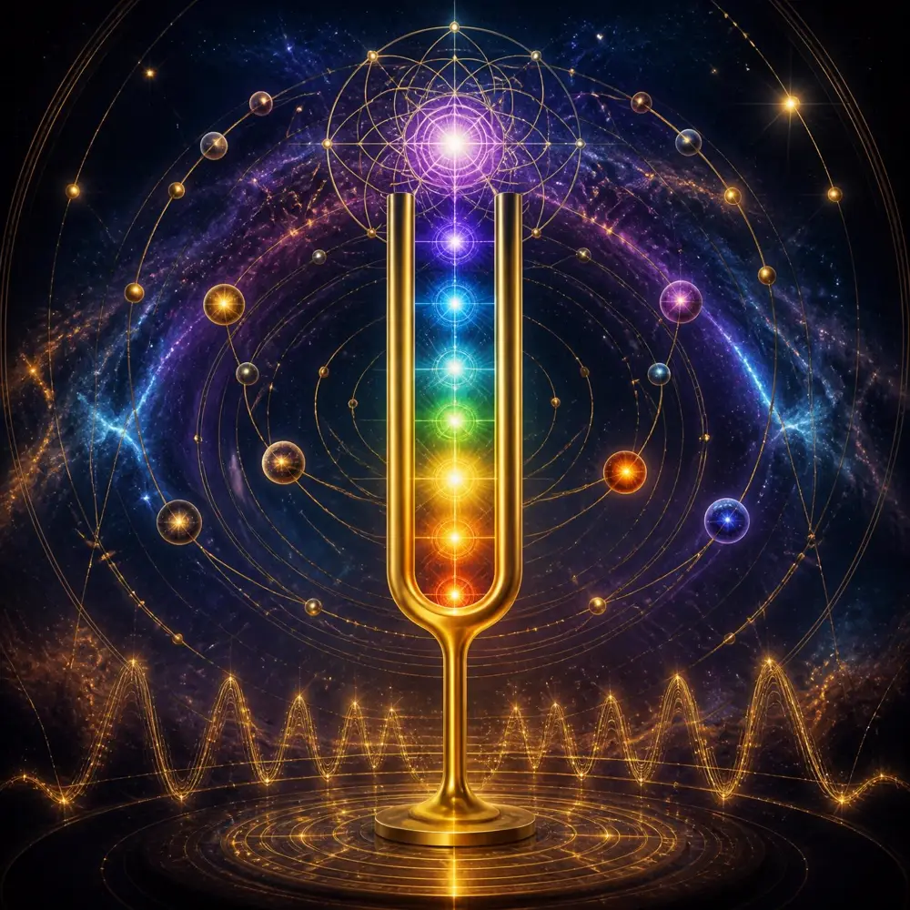 Golden tuning fork surrounded by planetary orbits, chakra light and cosmic aura waves